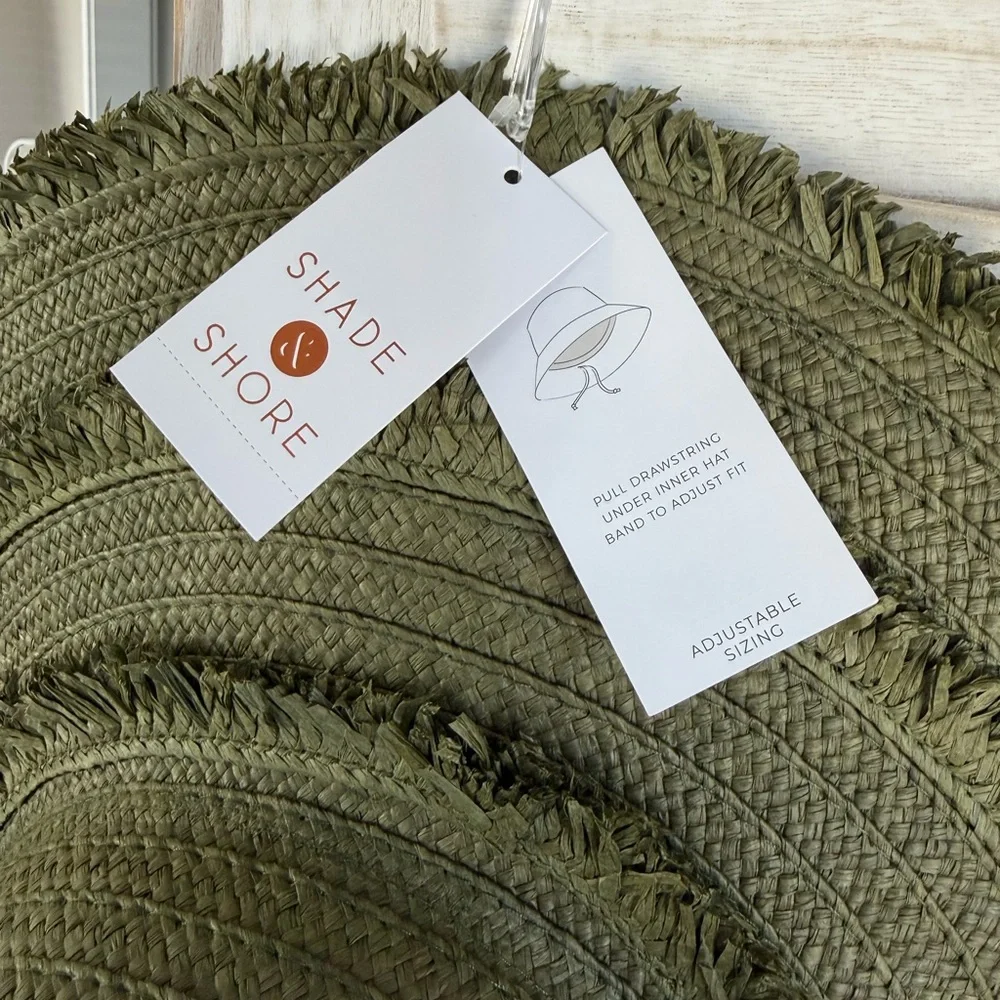 Olive‎ Green Shade & Shore brand fringe straw sun hat.